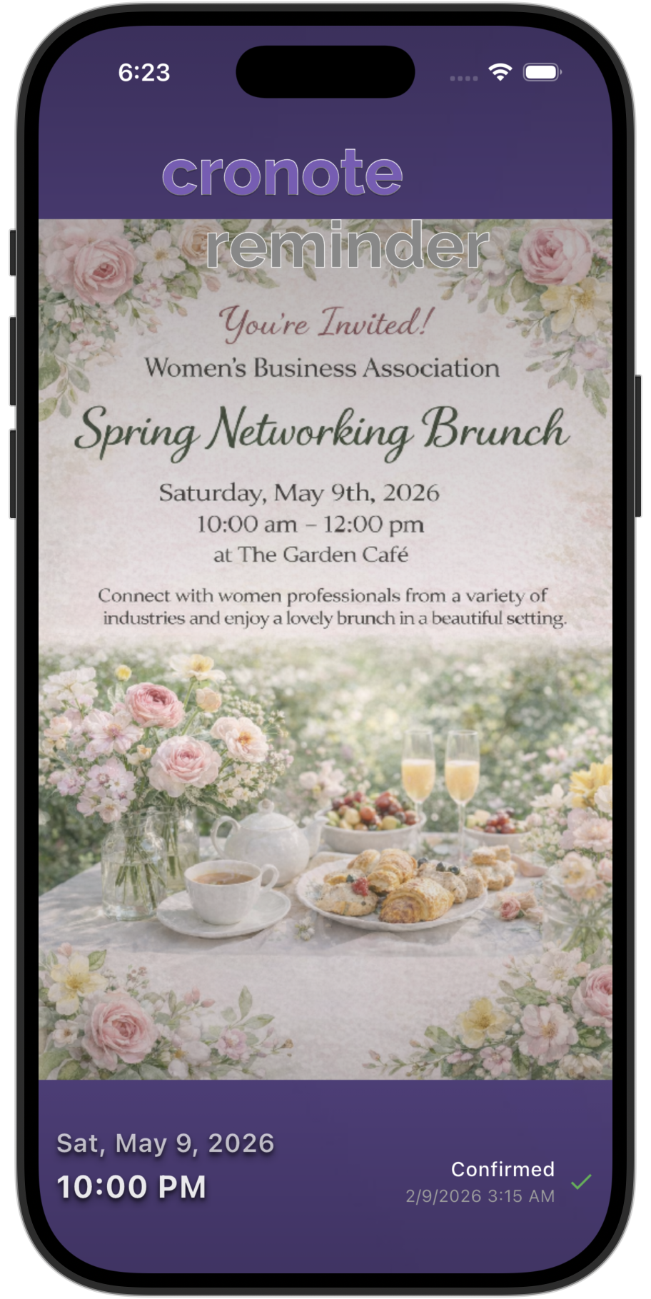 A Cronote reminder on iPhone showing a Spring Networking Brunch event flyer sent to a community group