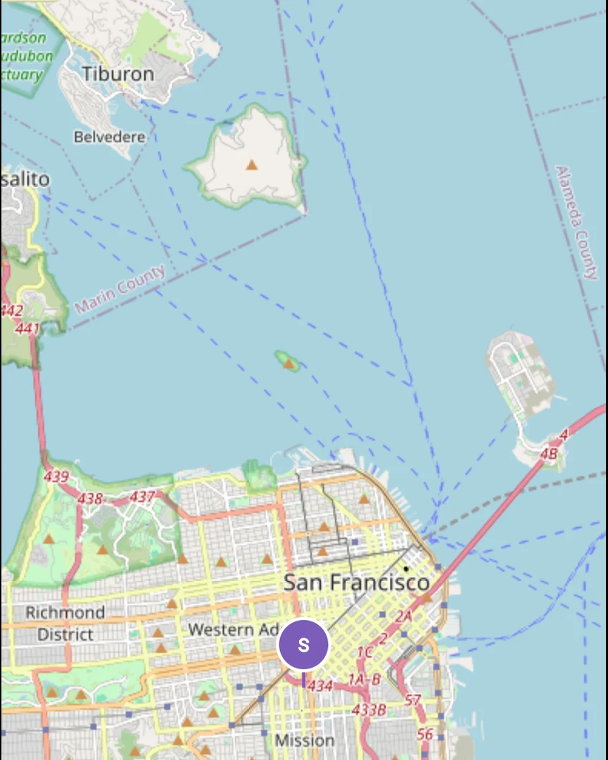 A map showing the midpoint between two partners' locations