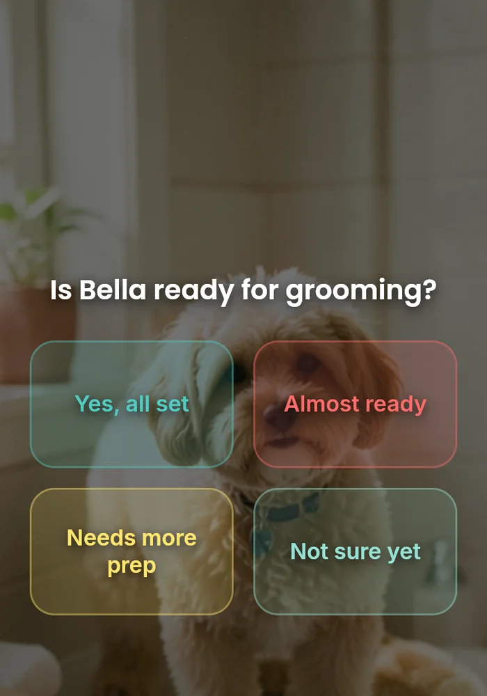 Mobile dog grooming confirmation reminder with Confirm, Reschedule, and Question buttons