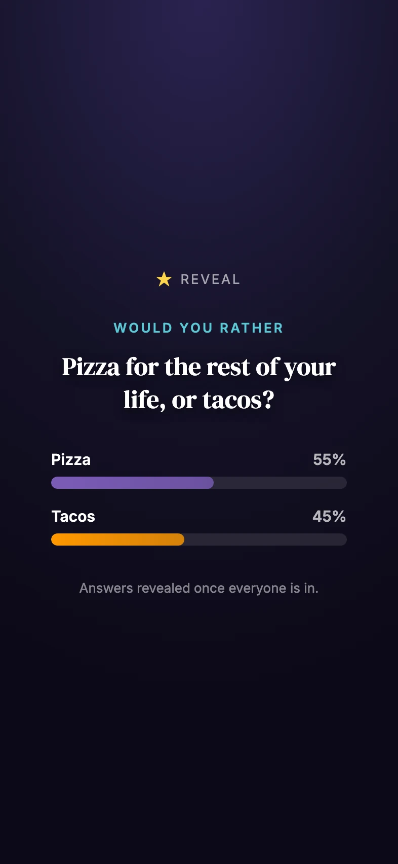 A group game showing several answers revealed together